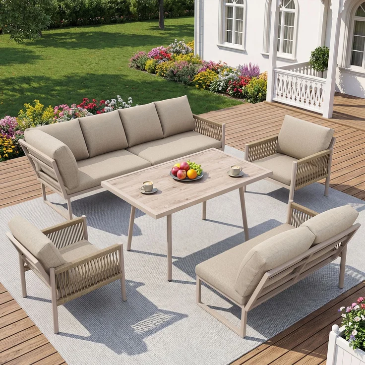Merax Gartenlounge-Set 6 teilig für 7-8 Personen, Gartenmöbelset mit Kissen, Tisch mit Holzoptik-Glasplatte, Sofagarnitur Terassenmöbelset, Beige – Bild 2