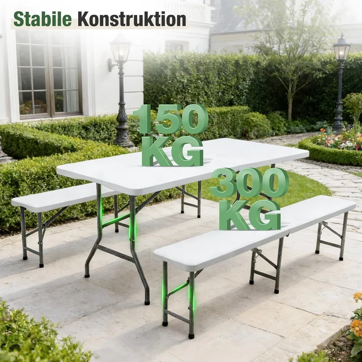 Sekey 180cm Bierzeltgarnitur Klappbar Kunststoff Festzeltgarnitur Gartenmöbel Biertisch Set Weiß – Bild 4
