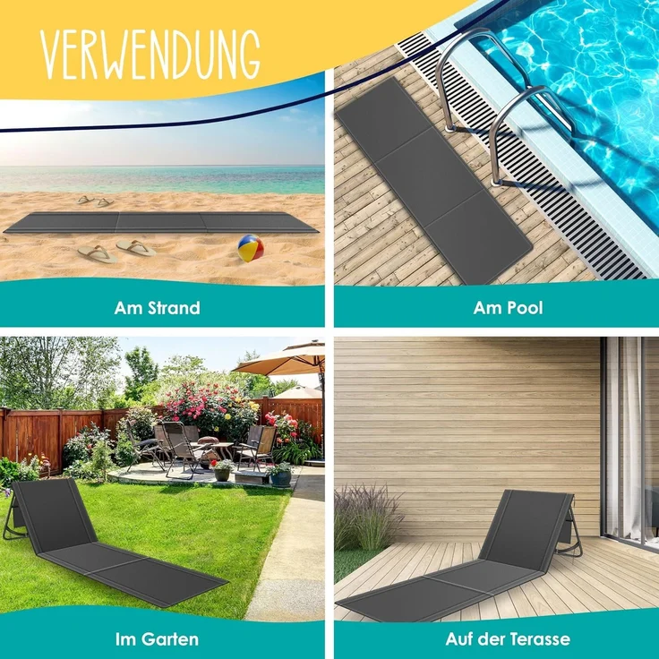 KESSER® Strandmatte klappbar mit verstellbarer Rückenlehne, Strandliege faltbar mit Tragegurt, wasserdichter Handyhülle & Aufbewahrungstasche, Sonnenliege für Strand Garten Terrasse, Liegematte 130Kg Anthrazit, 2er Set / 50W – Bild 8