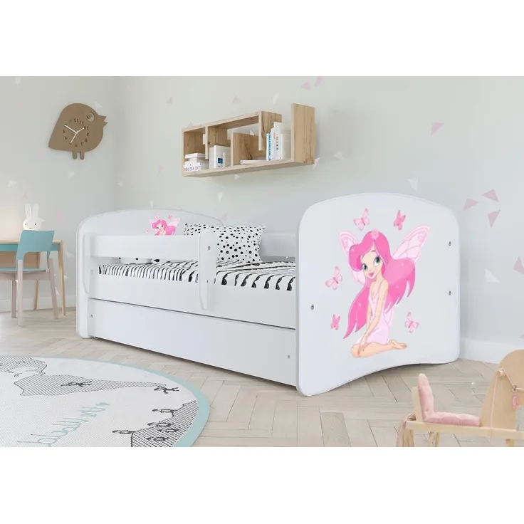 Kinderbett Jugendbett Weiß mit Rausfallschutz Schublade und Lattenrost Kinderbetten für Mädchen und Junge - Fee mit Schmetterlingen 80x180 cm