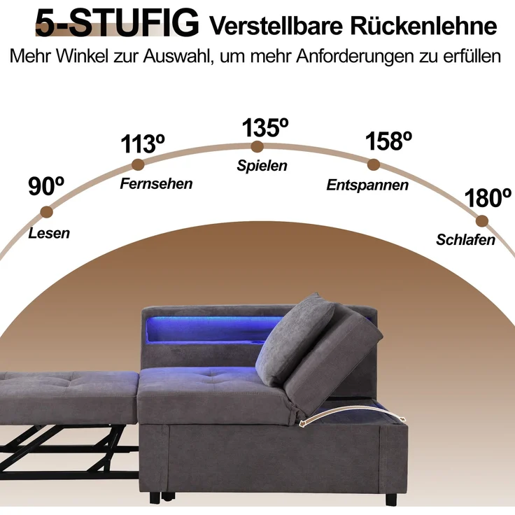 Schlafsofa 177x68x65 cm – Multifunktionales 3-in-1 Polsterbett mit verstellbarer Rückenlehne und USB-Anschlüssen – Bild 6