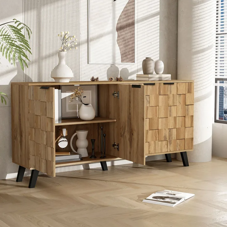 Sideboard Holzoptik 160 cm, moderner Aufbewahrungsschrank mit 4 Türen, Einlegeböden & schwarzen Griffen