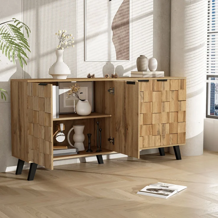 Sideboard Holzoptik 160 cm, moderner Aufbewahrungsschrank mit 4 Türen, Einlegeböden & schwarzen Griffen – Bild 1