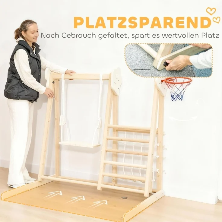 LVHOM Indoor Klettergerüst aus Massivholz, mit Kinderschaukel, Rutsche, Kletterwand & Basketballkorb, klappbar, Stabil bis 50kg, Natur – Bild 3