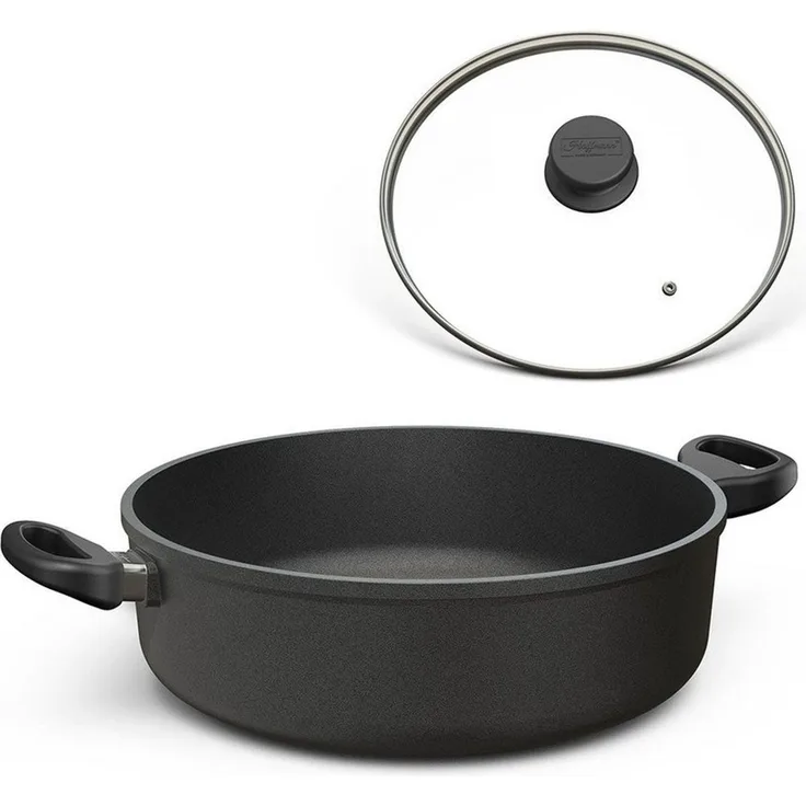 Hoffmann Germany Bräter Aluguss rund Ø 32 cm mit Glasdeckel – Made in Germany, Aluguss (Set, 2-tlg, 1x Bräter Ø 32 cm + 1x Glasdeckel), Antihaft, backofenfest bis 240°C, rund, Induktion