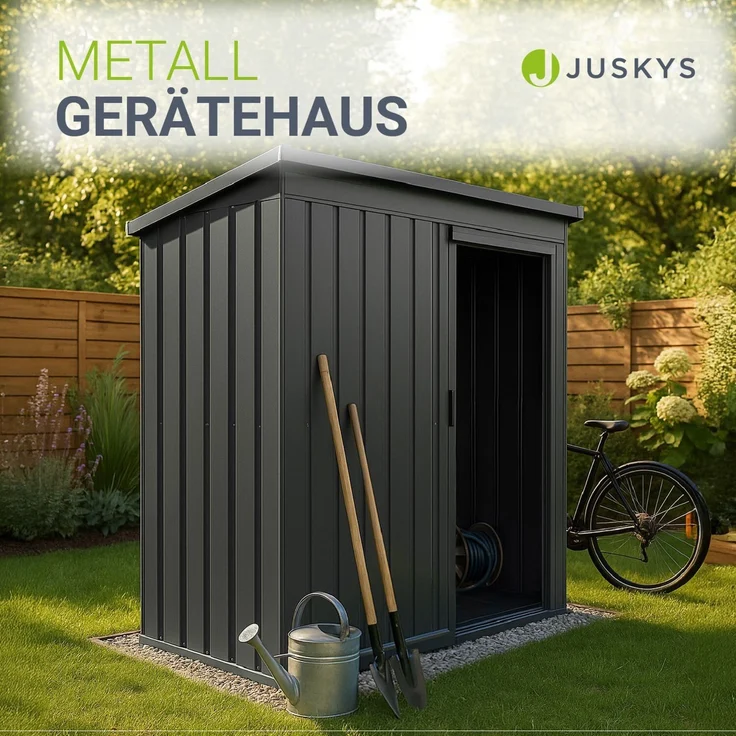 Juskys Metall Geräteschuppen S – Dunkelgrau, wetterfest mit Fundamentrahmen, Schiebetür & abschließbar - für Garten & Aufbewahrung – Bild 2