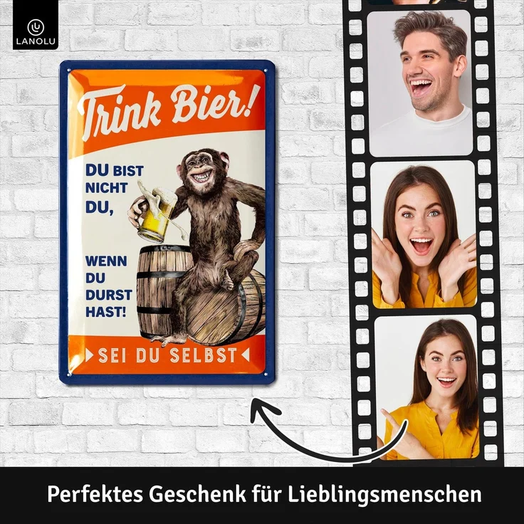 LANOLU Blechschild Trink Bier Affe - 20x30cm – Metall – Mehrfarbig – 20160 – Bild 3
