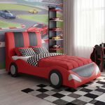 Bett HWC-E14, Auto Junge Kinderbett Jugendbett, Lattenrost Kunstleder Holz 190x100 cm ~ schwarz-rot