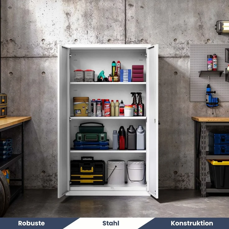Metallschrank mit Sockel RUEL - 160x90x40cm Weiß | Büroschrank Aktenschrank Stahlschrank Fachbodenschrank Werkstattschrank – Bild 4