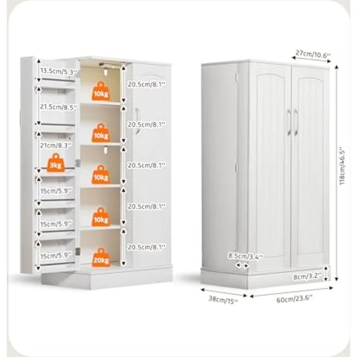 Yorbay Mehrzweckschrank Küchenschrank mit LED-Sensorlicht & höhenverstellbaren Regalen (118 x 60 x 38 cm) Freistehender Vorratsschrank mit Doppeltüren für Küche & Wohnzimmer – Bild 3