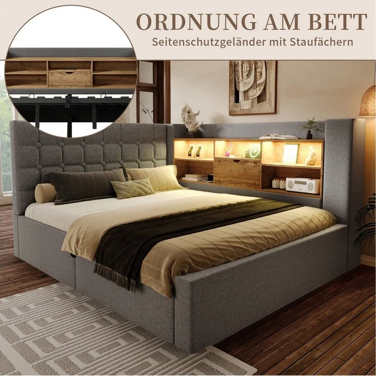SeedWave Daybett Leinen-Polsterbett mit Stauraum, Lichtleiste&Ladefunktion 90/140×200cm, Tagesbett mit Hydraulik, Schutzgeländer beiderseits montierbar – Bild 3