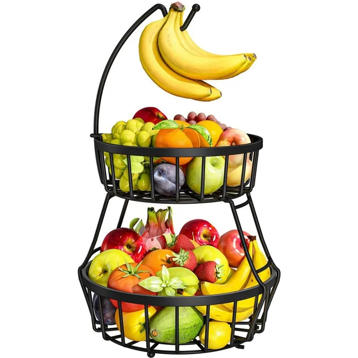 POPOLIC Obstschale 2-stöckiger Obstkorb aus Metall mit Bananenhaken, abnehmbar & belüftet