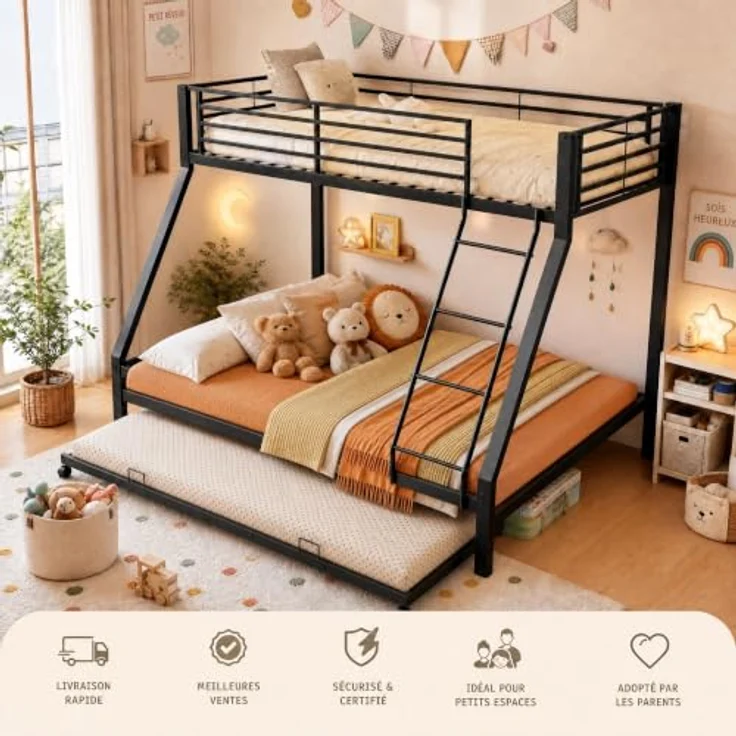 FAVSH Etagenbett 140x200 cm mit Ausziehbett 90x190cm aus Metall, Hochbett mit Rausfallschutz und Leiter, Geräuscharmes Doppelbett, rutschfest, für Jugendliche und Erwachsene, Schwarz E – Bild 4