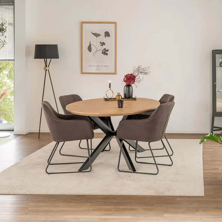 HOME DELUXE Essgruppe Oval inkl. Sternfuß - 200 x 120 cm Fishbone Oak 4 Stühle Anthrazit