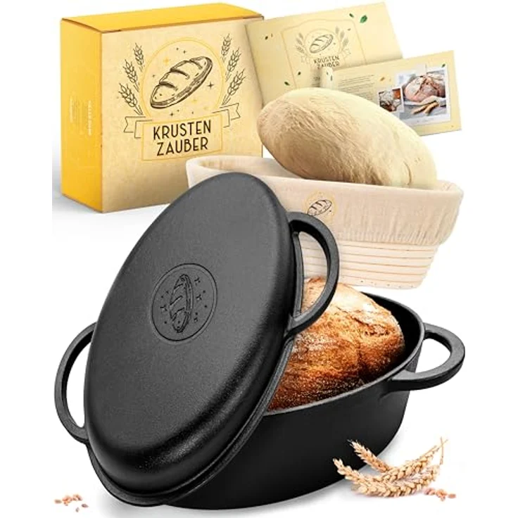 Krustenzauber Brotbackform 34cm Gusseisen Bräter mit Deckel backofengeeignet inkl. Gärkorb, (ovaler Gusseisen Topf Brot Backen - Ideal als Ofenform), Bräter Induktion, Brotbacktopf, Brot Backen Zubehör – Bild 2