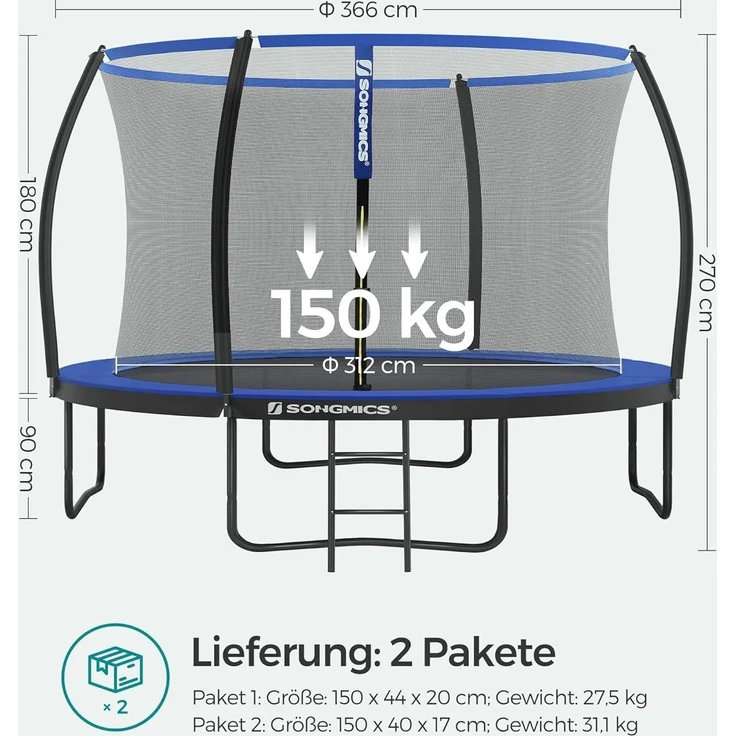 Songmics Trampolin mit Leiter, Sicherheitsnetz und gepolsterten Stangen, Stahl blau, Ø 366 cm – Bild 7