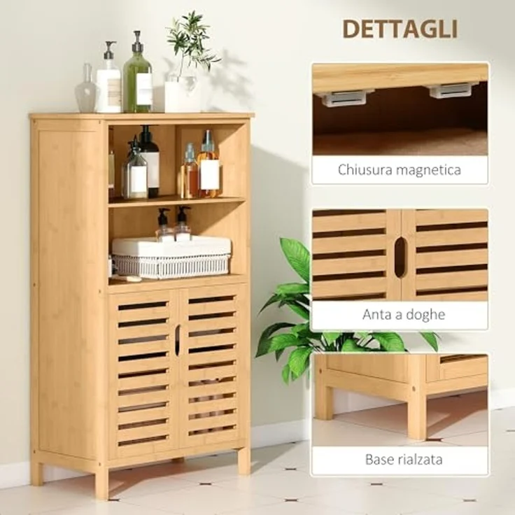 Kleankin Badkommode Unterschrank aus Bambus Lamellentüren (Badschrank, 1 St, Badezimmerschrank), Naturholz, 50 x 29 x 92 cm – Bild 6