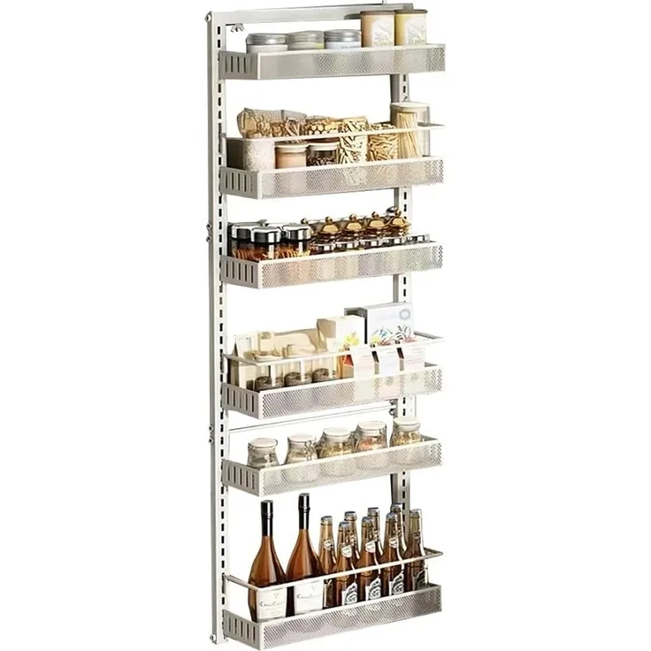 GarveeLife Tür Türorganizer Hängeorganizer 6 Etagen, Türregal zum Einhängen Metall mit Verstellbarem 6 Körben, Wandmontage-Gewürzregal Badregal Ohne Bohren für Küche, Schrank, Bad, 44x16x126cm, Weiß