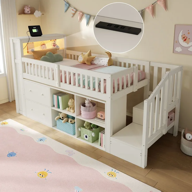 Halbhohes Bett, 90 x 200 cm, mit Schubladen, Staufächern, Leiterschrank, LED-Beleuchtung, Matratze nicht inbegriffen, Weiß