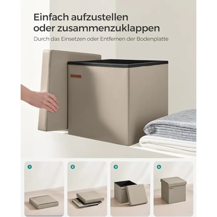 SONGMICS Sitzhocker 38 cm, Aufbewahrungsbox faltbar, Fußhocker mit Deckel, aus Kunstleder, bis 300 kg belastbar, für Eingang, Wohnzimmer, Schlafzimmer, Kamelbraun LSF010K03 – Bild 7