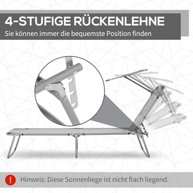 Outsunny Sonnenliege klappbar Gartenliege mit Dach, Liegestuhl mit 4-Fach verstellbare Rückenlehne, wetterfeste Campingliege bis 120 kg belastbar, für Garten Strand Pool, Hellgrau – Bild 4
