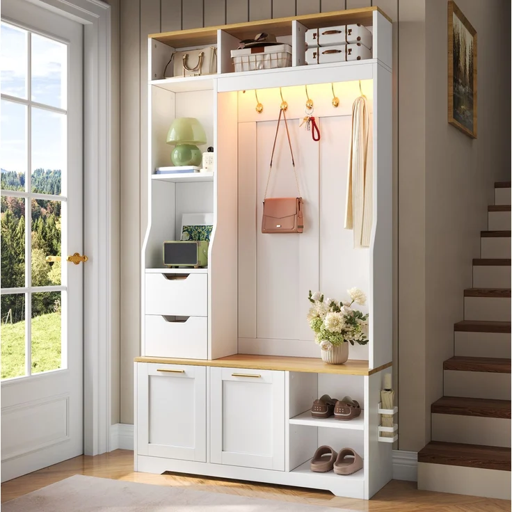 DESVIAE Garderobenschrank Weiß aus MDF/Spanplatte – 100x186x32 cm – LED-Beleuchtung, Schuhfächer – Bild 3