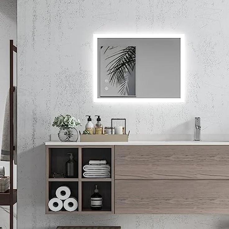 Kleankin Spiegel Badspiegel mit LED-Beleuchtung, Lichtspiegel mit Touchschalter (beschlagfreier Wandspiegel mit 3 Lichtfarben, 1-St, IP44 Wasserdicht), Memory-Funktion, 70cm x 50cm x 3cm – Bild 1