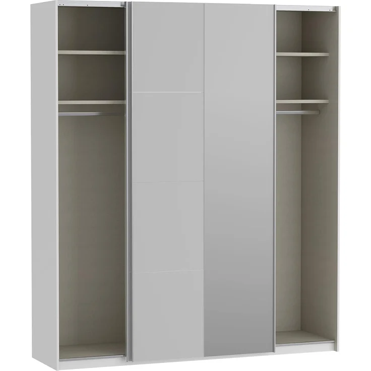 Forte FITTIO Kleiderschrank 200, moderner Schwebetürenschrank, 2-türig, Kleiderstange, Einlegeböden, Spiegel, Schlafzimmer, Holzwerkstoff, Weiß Hochglanz, 200,1 cm breit x 235 cm hoch x 61,2 cm tief – Bild 6