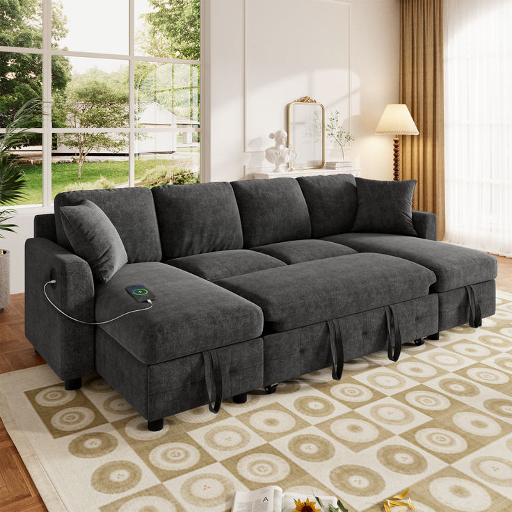 ZUBALIYA Schlafsofa 61x107 cm, mit USB - Anschluss, mit Stauraum, mit Ausziehbett, mit Chenille - Bezug, mit breiten Armlehnen, Grau – Bild 10