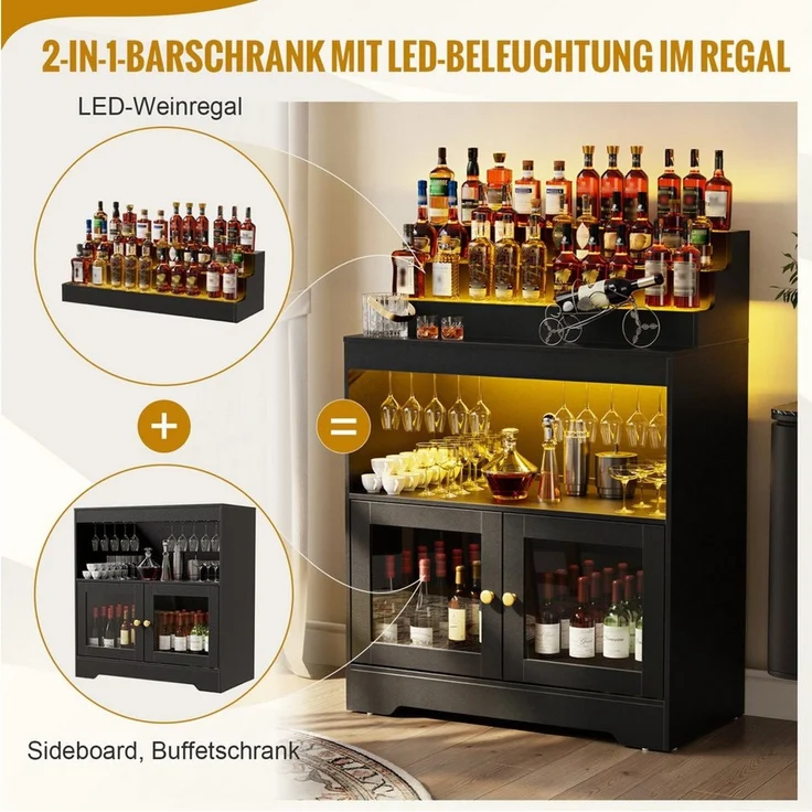 PEALOV Barschrank mit RGB-LED-Beleuchtung, Weinschrank mit Weinglashalter und Glastüren (1-St) 3-stöckiges Flaschenregal, Küchenschrank, Pantryschrank, 79,8x108cm – Bild 4