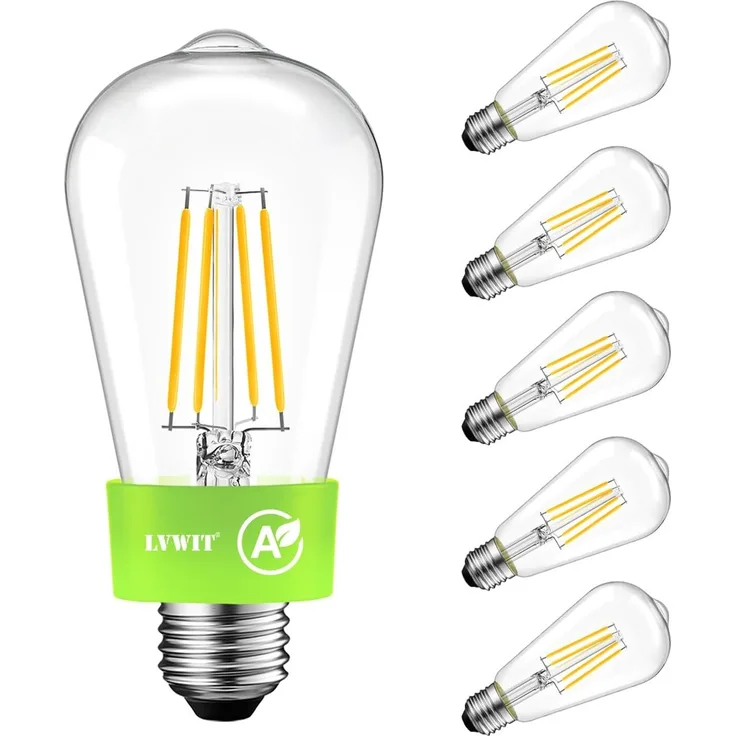 LVWIT 3.8W E27 E27 LED Warmweiss Energieklasse A, Filament Lampe Glühfaden ST64, 2700K Warmweiß, ultrahell 806 Lumen, ersatz 60W, Rustikalampe ST64, Nicht Dimmbar (6er Pack)