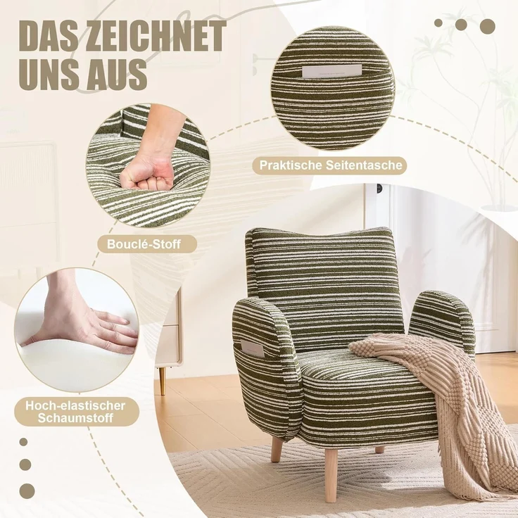 Ohrensessel Relaxsessel Lesesessel Fernsehsessel 77x81cm Olivgrün – Bild 3