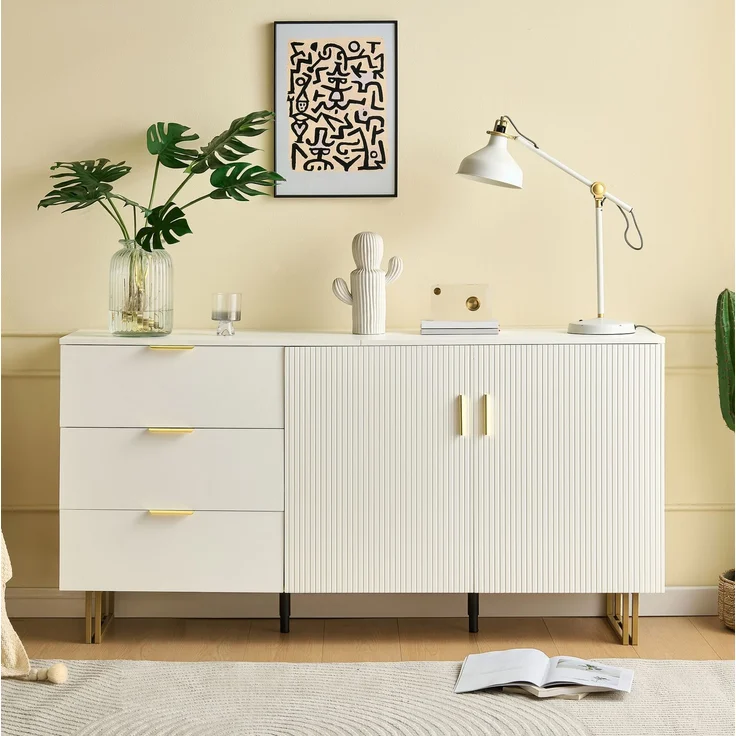 DESVIAE Sideboard mit 3 Schubladen und 2 Türen 160x81,5x40 cm MDF Weiß – Bild 5