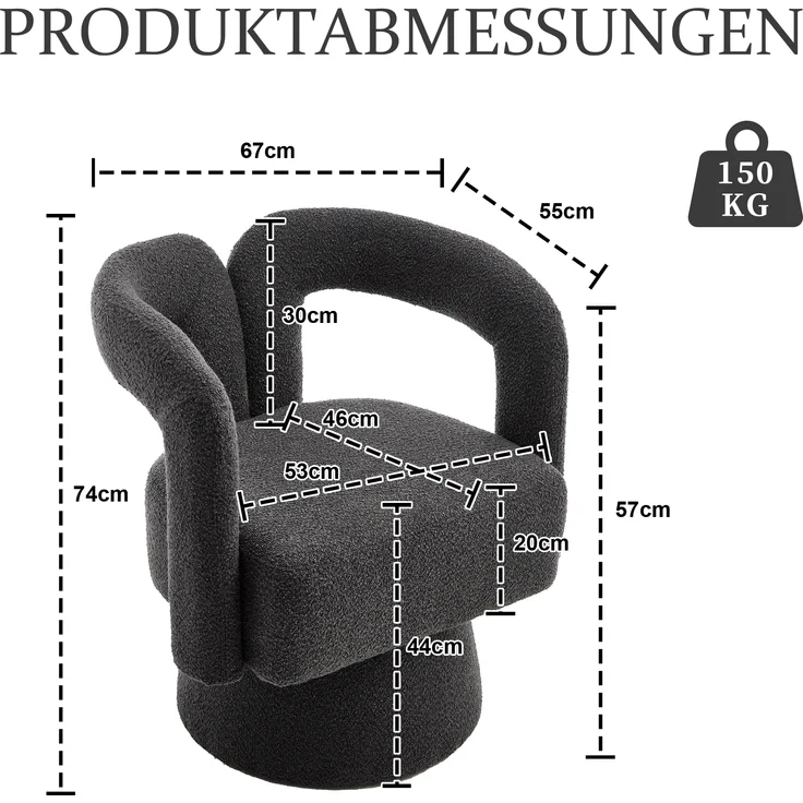 LVHOM Polsterstuhl 360° drehbar, Drehsessel Bouclé-Stoff, Loungesessel mit Armlehnen, Armlehnenstuhl Relaxsessel, Dunkelgrau – Bild 2