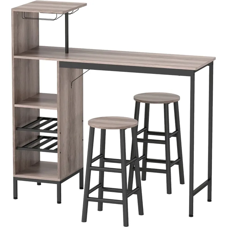 3-tlg, Bartisch-Set mit Stauraum, Weinregalen, Glashaltern, Hockern mit Fußstütze, für kleine Räume, Grau--Grau--121.5x40x122cm--YOUDENOVA
