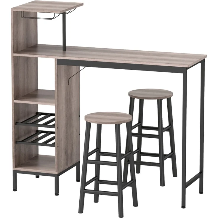3-tlg, Bartisch-Set mit Stauraum, Weinregalen, Glashaltern, Hockern mit Fußstütze, für kleine Räume, Grau--Grau--121.5x40x122cm--YOUDENOVA – Bild 1