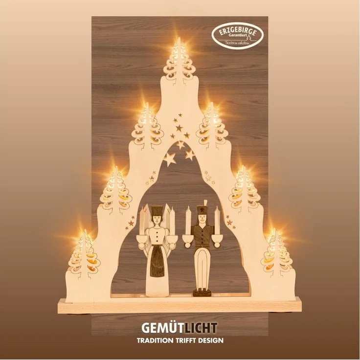 Weigla Schwibbogen Engel & Bergmann, Lichterspitze aus Holz, NATUR-BRAUN, Made in Germany, Erzgebirge garantiert, Weihnachtsdeko Innen, Weihnachtsbeleuchtung