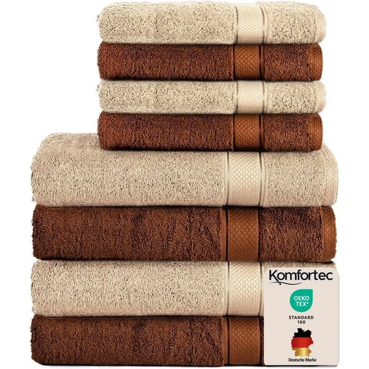 Komfortec 8er Handtuch Set aus 100% Baumwolle, 4 Badetücher 70x140 und 4 Handtücher 50x100 cm, Frottee, Weich, Towel Groß, Braun/Beige – Bild 1