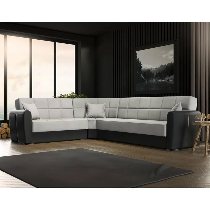 Dmora Matias, Schlafsofa, Ecksofa, aus Kunstleder und Stoff, Wohnzimmer mit Klick-Klack-Öffnung und wendbarer Halbinsel, 305x238 cm, Schwarz und Hellgrau, Leinen