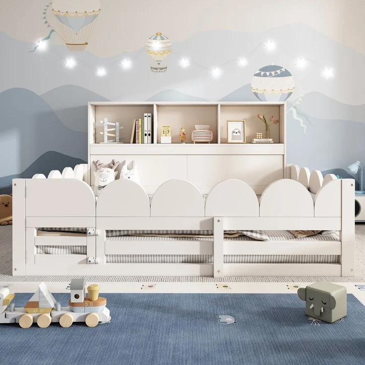 Kinder Bodenbett 140x200 cm Weiß Holzbett mit Rausfallschutz und Tür Lattenrost Kinderbett mit Regal großzügige Liegefläche für Geschwister sicherer Schlaf und Spielbereich ohne Matratze – Bild 4