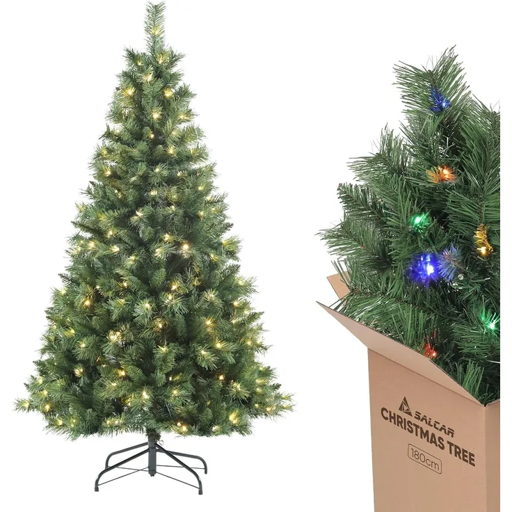 Salcar Künstlicher Weihnachtsbaum Künstlicher Weihnachtsbaum mit Beleuchtung Bunt und Warmweiß LED, 180cm mit 580 Spitzen und 250 LEDs