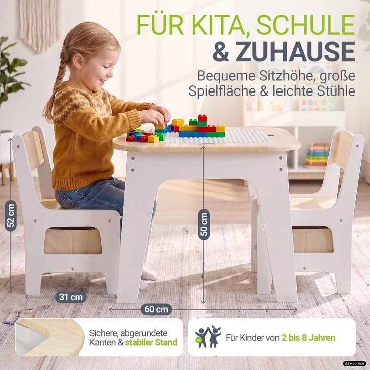 Juskys 'Milou' Kindersitzgruppe mit 2 Stühlen, 1 Tisch & Stauraum, Holz weiß – Bild 4