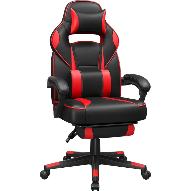 Songmics Bürostuhl, ausziehbare Fußstütze, Kopfkissen, Lendenkissen, höhenverstellbar, ergonomisch, neigbare Rückenlehne, bis 150 kg belastbar, schwarz-rot