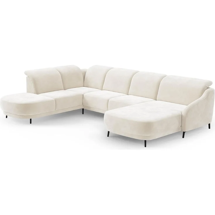 CAVADORE Wohnlandschaft Blue/Sofalandschaft mit Longchair im modernen Design, inklusiv Kopfteilverstellung und mattschwarzen Metallfüßen / 356 x 93 x 249 / Mikrofaser, Naturweiß