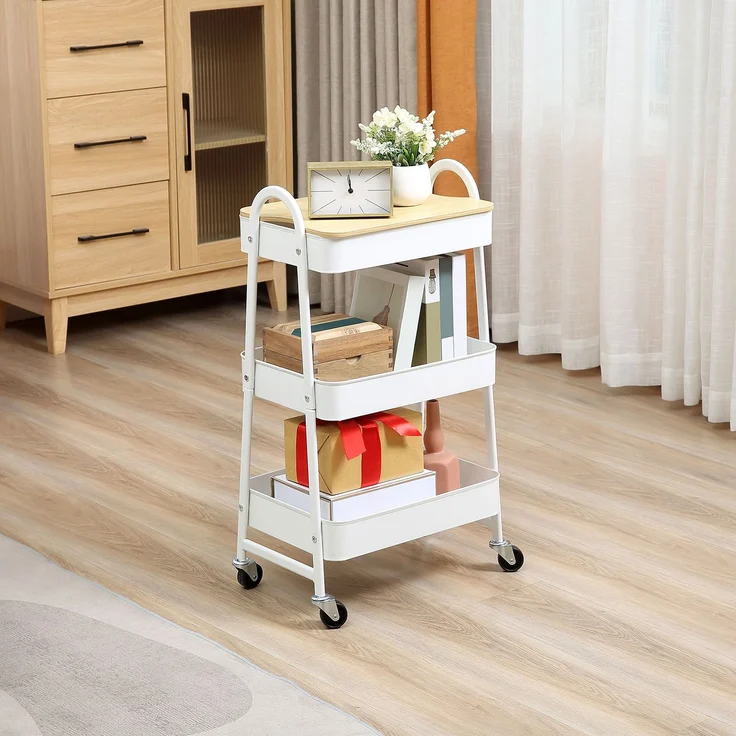 Servierwagen mit 3 Ebenen Küchenwagen mit Rollen Griff Küchenregal mit Korb und Deckel Rollwagen Allzweckwagen für Küche Büro Badezimmer, Weiß--Weiß--45x31x79.4cm--YOUDENOVA – Bild 3