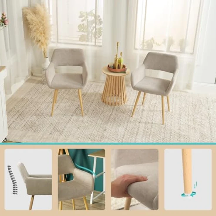 MEUBLE COSY Esszimmerstühle 6er Set Küchenstuhl Polsterstuhl mit Armlehne Sessel aus Stoff Wohnzimmerstuhl Metallbeine, Beige, 56 x 56 x 78 cm – Bild 6