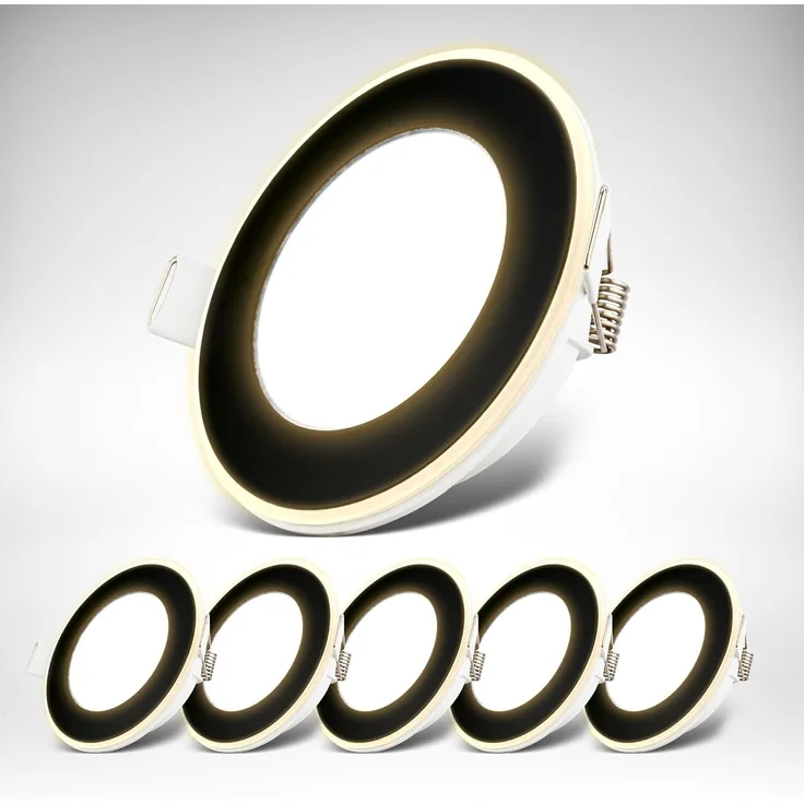 B.K.Licht - 6er Set LED Einbaustrahler 230V mit Nachtlichtfunktion, Flächen und Ringe sep. schaltbar, Speicherfunktion, LED Spot, flach, Deckenspots, Einbauleuchten, 68mm, 93x30 mm, Schwarz