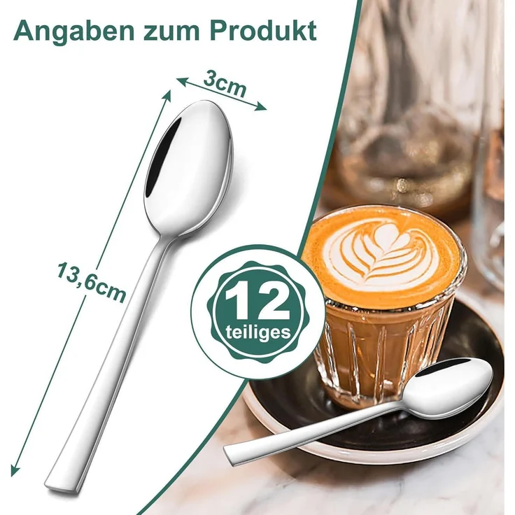 TEAMFAR Kaffeelöffel Set 12 Stück Edelstahl Dessertlöffel 13,6cm Spiegelpoliert – Bild 2