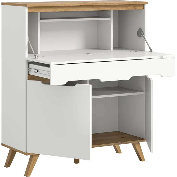 xonox. home Wohnzimmer Stockholm Sekretär Schreibschrank Schrank Stauraumschrank in weiß Absetzung Nox Oak, ca. 100 x 118 x 40 cm – Bild 5