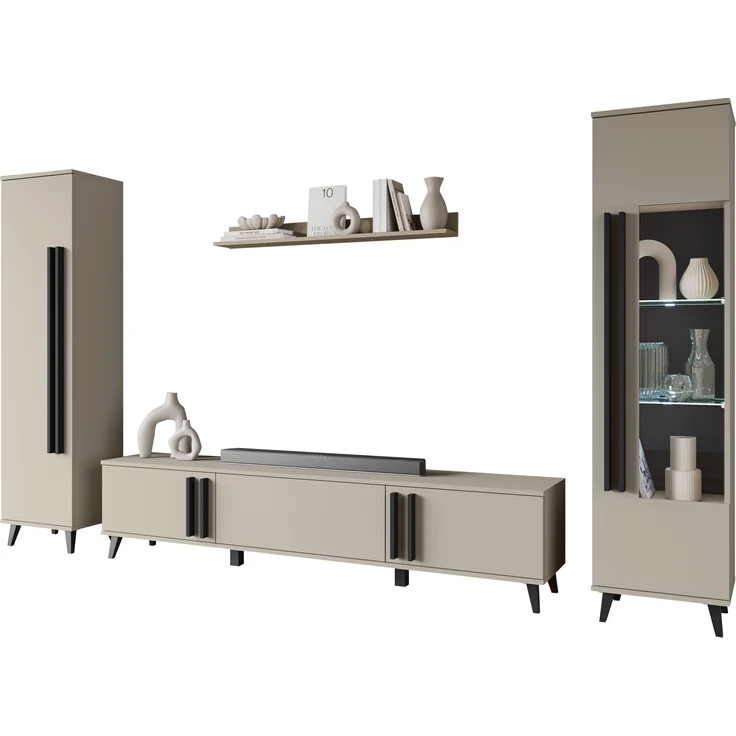 Wohnwand Hailea II (Farbe: Congo / Congo + Schwarzer Graphit, mit weißer LED Beleuchtung) – Bild 2